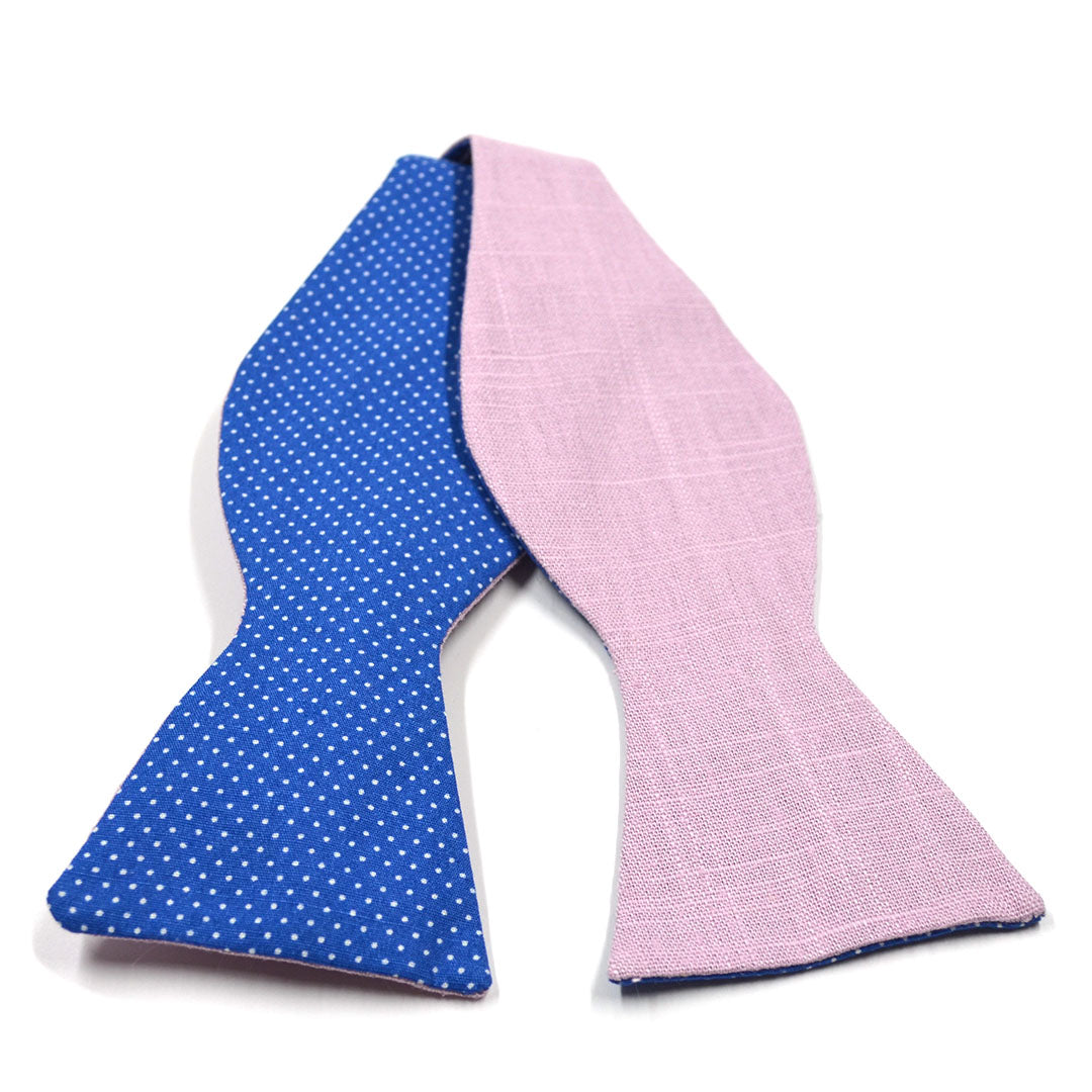 Polka Dot Blue Linen Self Tie Bow Tie
