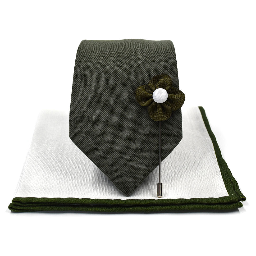 Solid Olive Wedding Tie Set Skinny