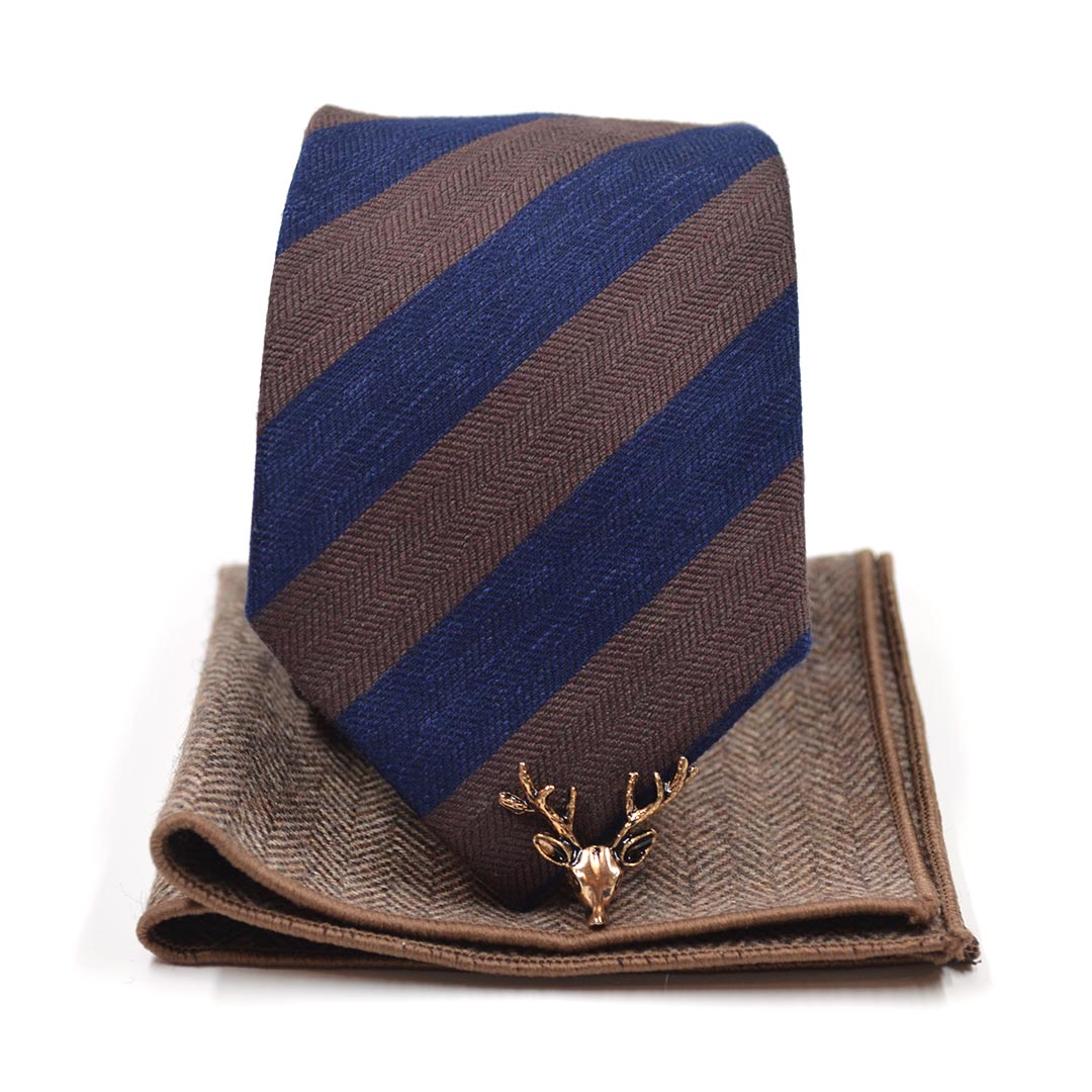 Striped Herringbone Brown Navy Tie Set